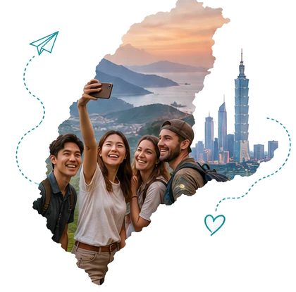 People sharing Taiwan stories inside an illustrated outline of Taiwan